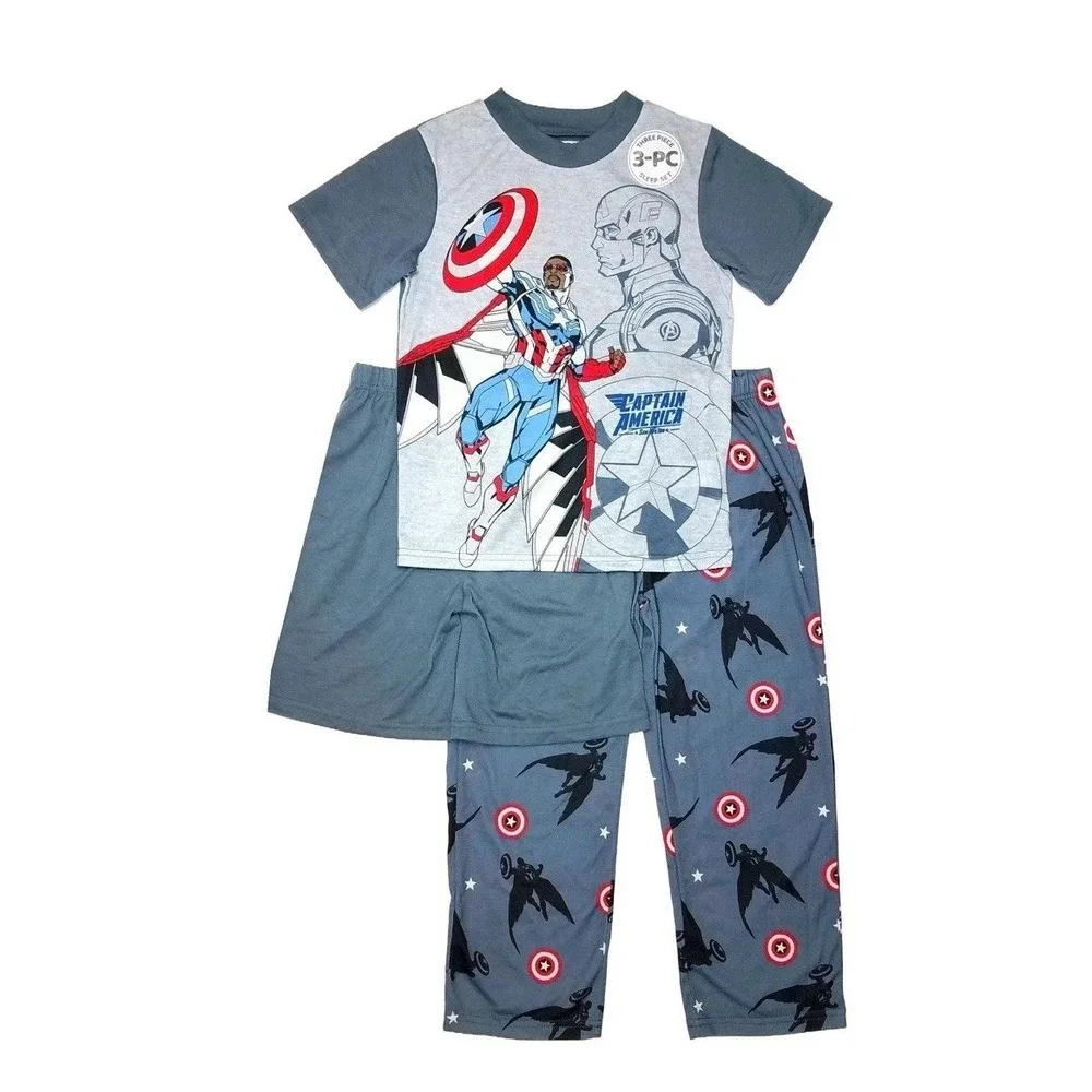 Captain America Boy's Supehero Polyester 3-Piece Short-Sleeved Pajama Set Sm 6-7